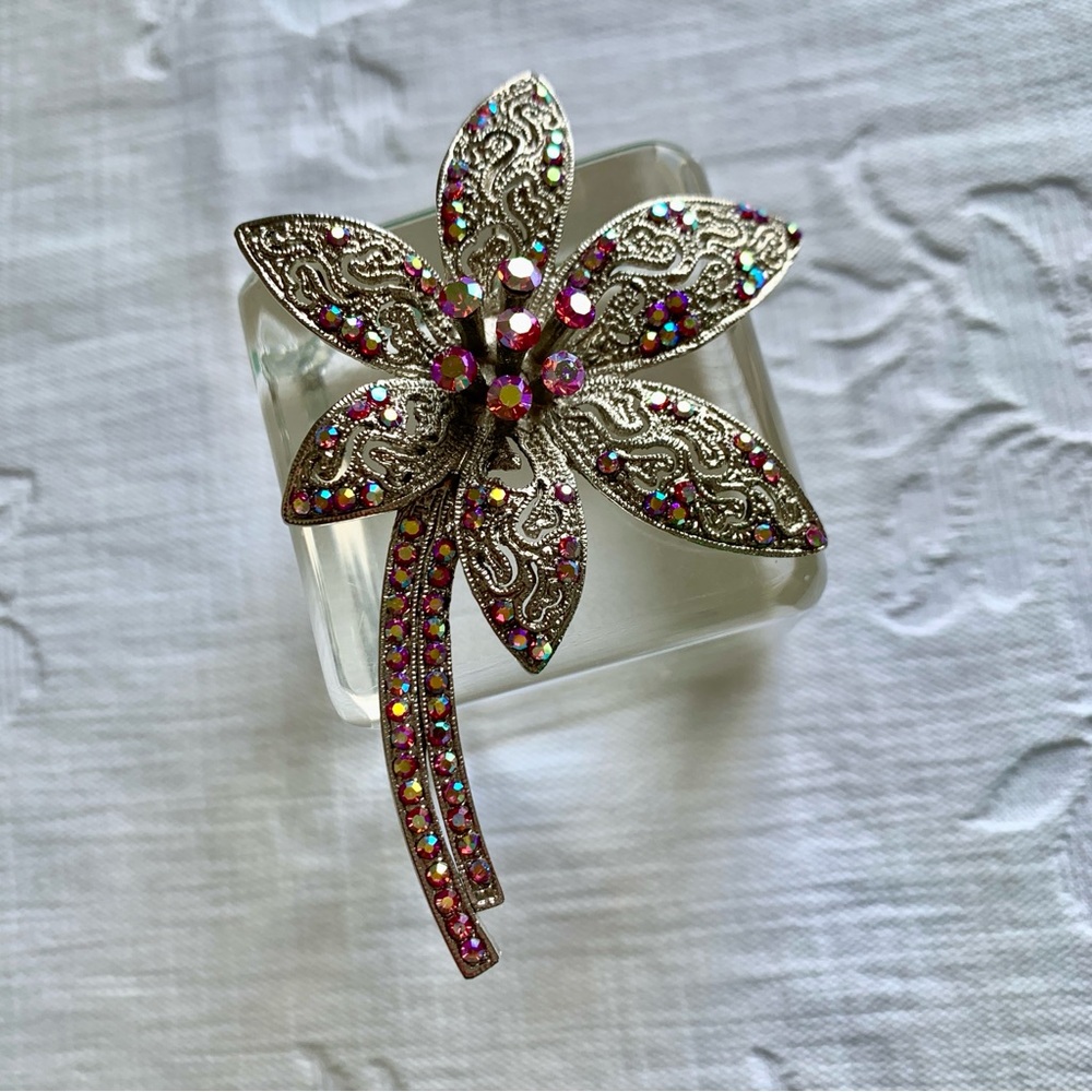 Vintage Iridescent Rhinestone Flower Brooch
